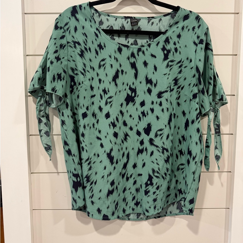 SHEIN Teal and Navy Patterned Cold Shoulder Blouse